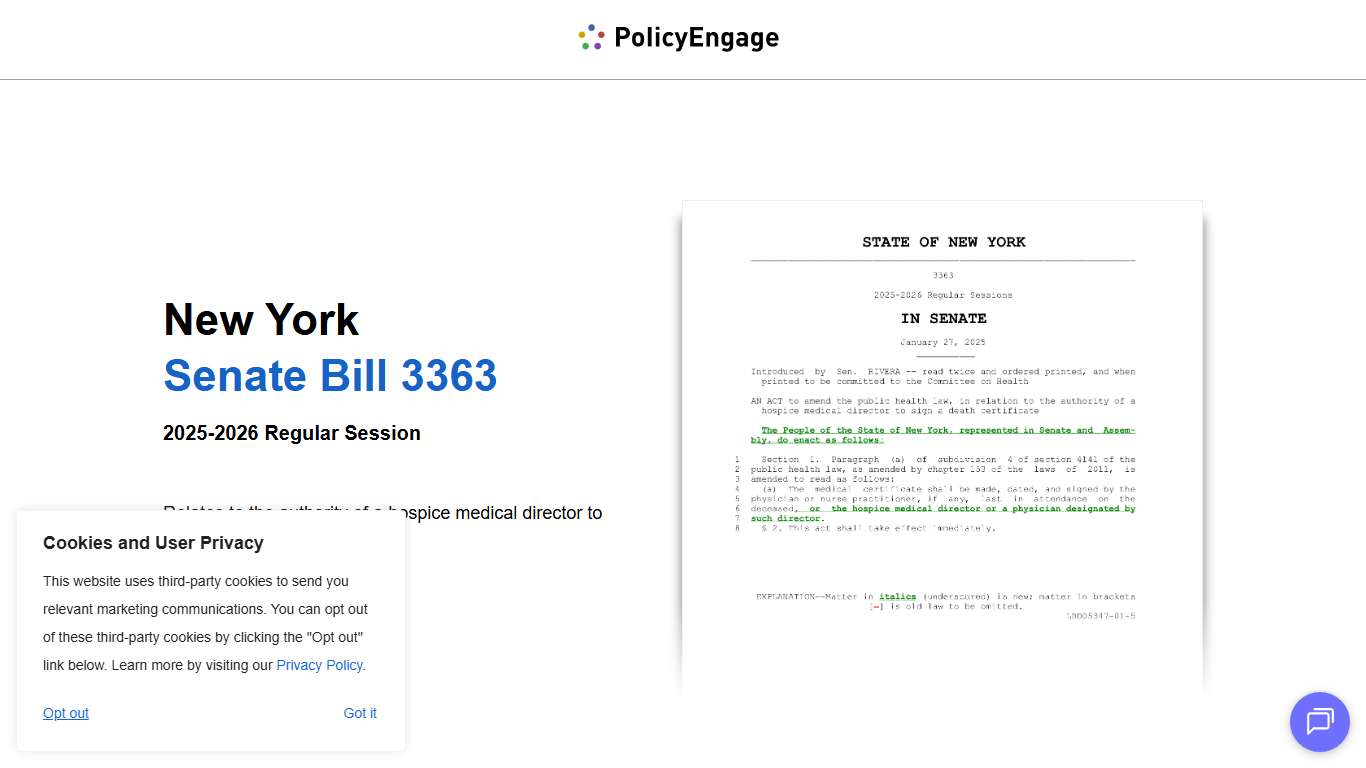 NY S3363 2025 New York Senate Bill 3363 2025-2026 Regular Session Relates to the authority of a hospice medical director to sign a death certificate PolicyEngage